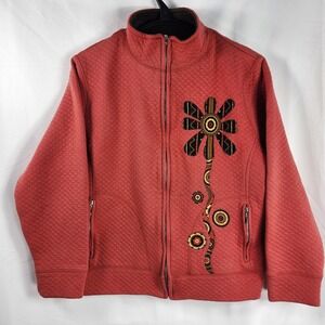 Womens Quilted Red Floral Jacket Large Whimsical Russia Artsy Earthy Art to Wear